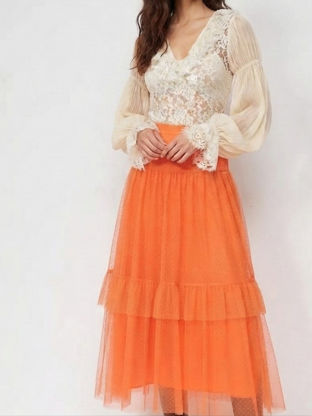 Anthropologie Orange Dotted Tulle Tiered Maxi Skirt NWOT Small Bohemian